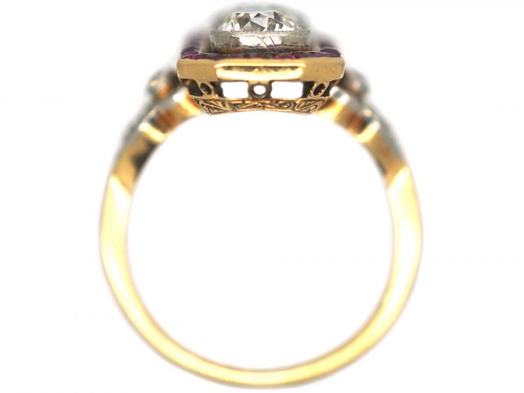 French 18ct Gold & Platinum, Art Deco 18ct Gold & Platinum, Ruby & Diamond Rectangular Ring