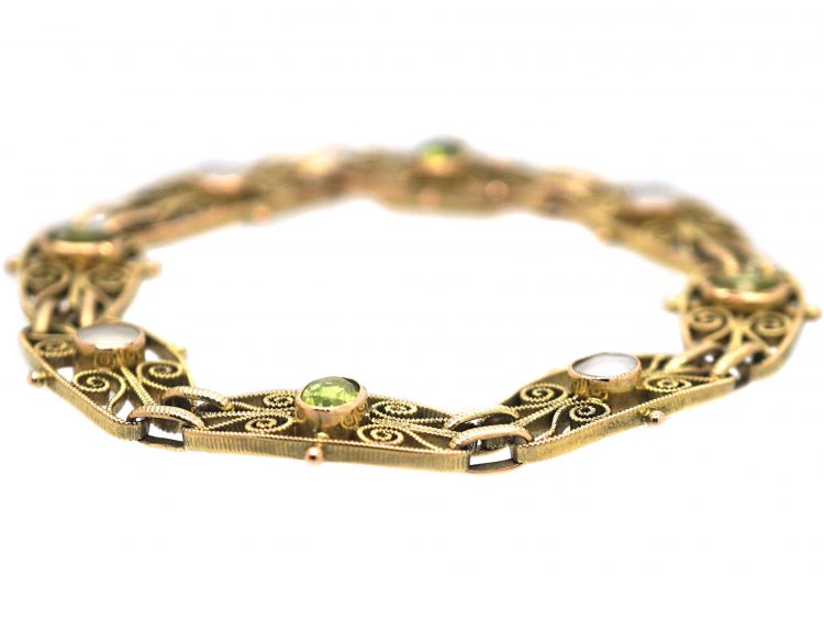 Edwardian 9ct Gold Bracelet set with Peridots & Blister Pearls by Murrle Bennett & Co