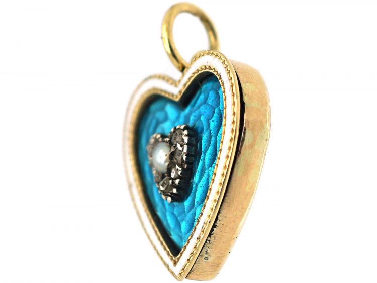 Edwardian 9ct Gold Heart Shaped Pendant with Blue & White Enamel & Rose Diamond & Natural Pearl Heart in the Centre