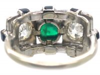 Art Deco 14ct White Gold, Cabochon Emerald , Onyx & Diamond Geometric Ring