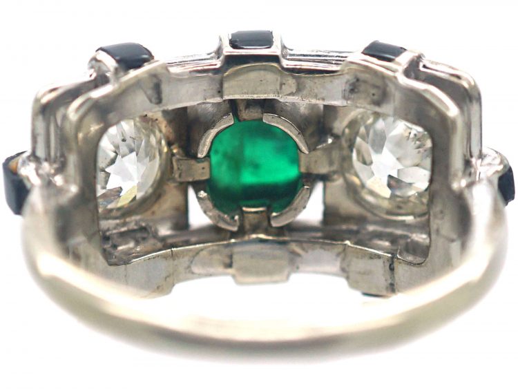 Art Deco 14ct White Gold, Cabochon Emerald , Onyx & Diamond Geometric Ring