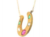 Victorian 18ct Gold & Gem Set Horseshoe Pendant on Gold Chain