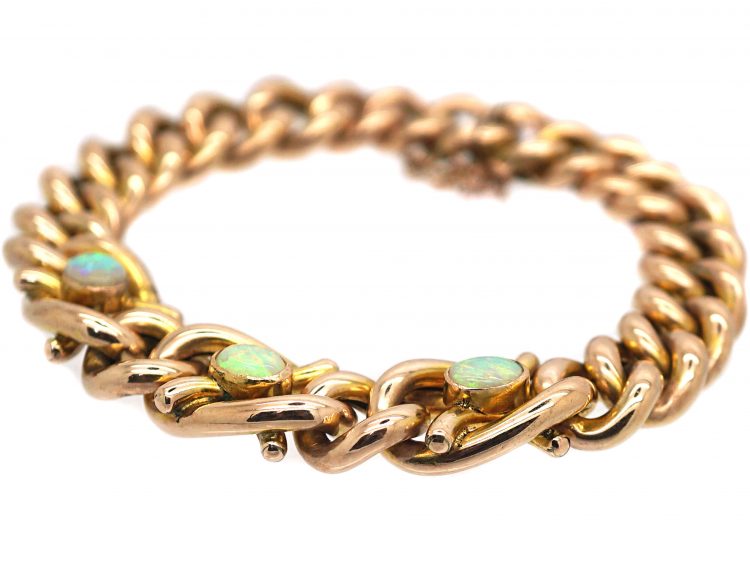 Edwardian 9ct Gold Curb Bracelet set with Three Opals