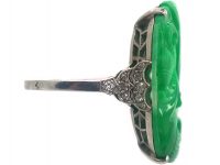 Art Deco French Platinum & Carved Jade Ring of a Peacock