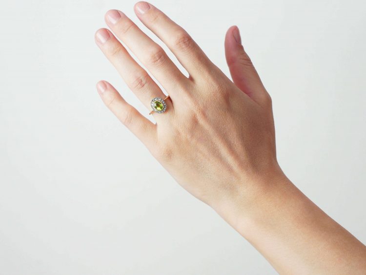 Edwardian 18ct Gold, Rose Diamond & Peridot Oval Cluster Ring
