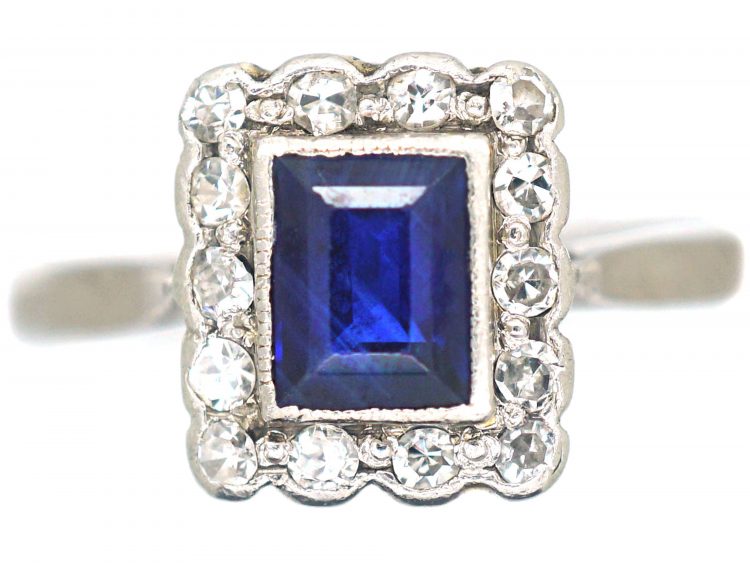Art Deco 18ct White Gold & Platinum, Sapphire & Diamond Rectangular Ring
