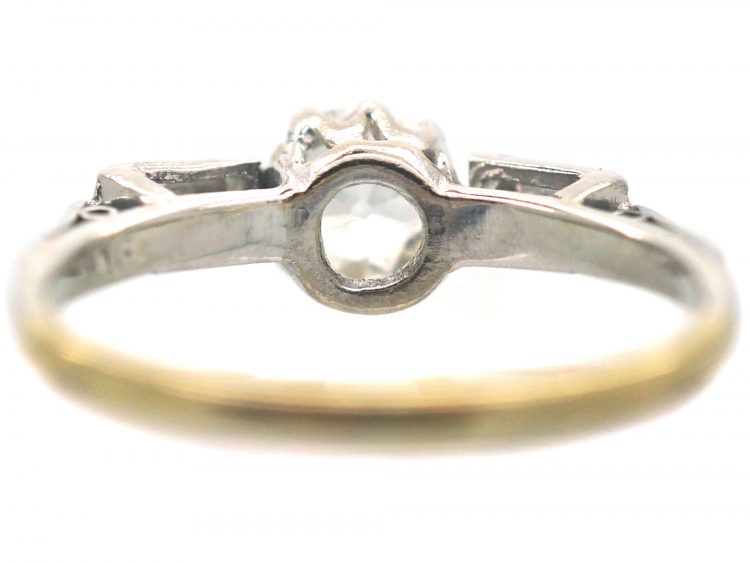 Art Deco 18ct Gold & Platinum, Diamond Solitaire Ring with Baguette Diamond Shoulders