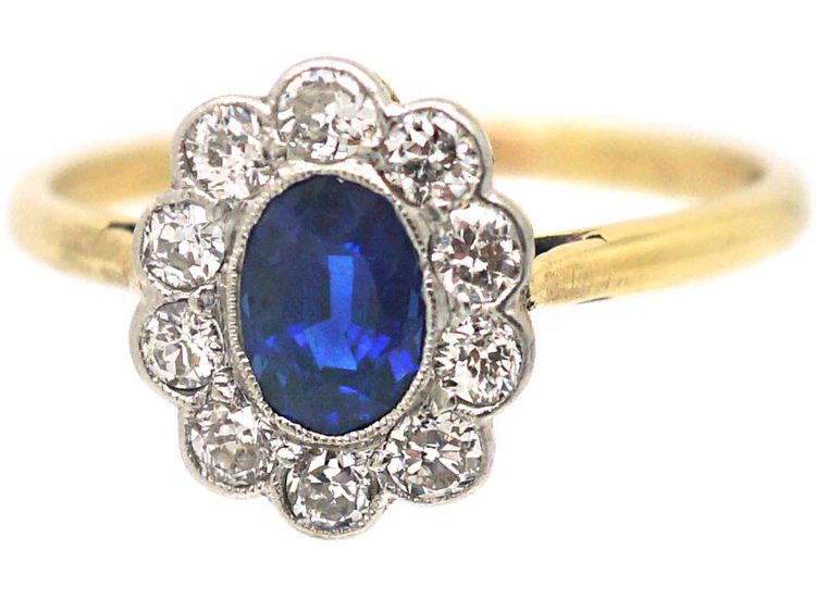 Edwardian 18ct Gold & Platinum, Sapphire & Diamond Oval Cluster Ring