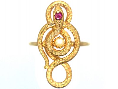 Edwardian 14ct Gold Snake Ring set with Natural Split Pearl & a Ruby