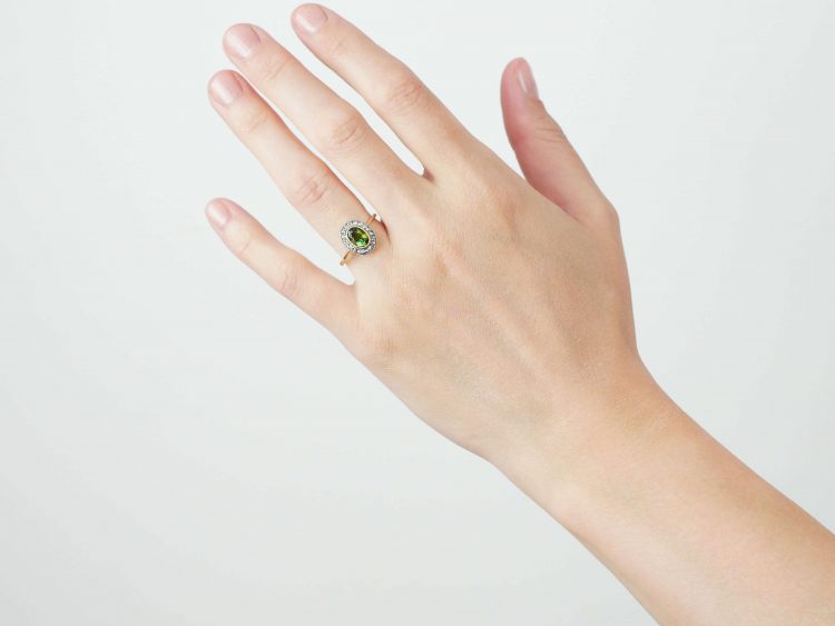 Edwardian 18ct Gold, Green Tourmaline & Rose Diamond Oval Cluster Ring