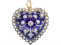 Edwardian 18ct White & Yellow Gold Royal Blue Enamel & Diamond Heart Shaped Pendant