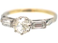 Art Deco 18ct Gold & Platinum, Diamond Solitaire Ring with Baguette Diamond Shoulders