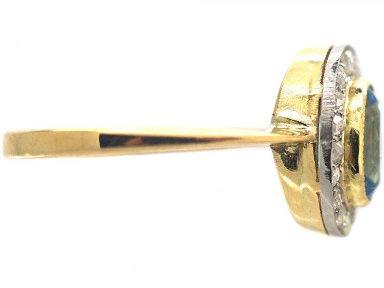 Edwardian 18ct Gold & Platinum, Aquamarine & Rose Diamond Oval Cluster Ring with Millgrain Detail