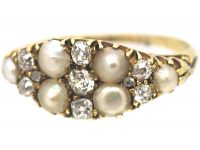Victorian 18ct Gold Boat Shaped Ring set with Diamonds & Natural Split Pearls