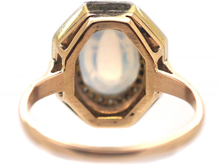 Art Deco 14ct Gold & Platinum, Moonstone, Rose Diamond & Onyx Octagonal Shaped Ring