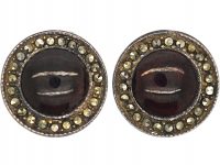 Art Deco Silver, Marcasite & Cabochon Garnet Round Clip On Earrings