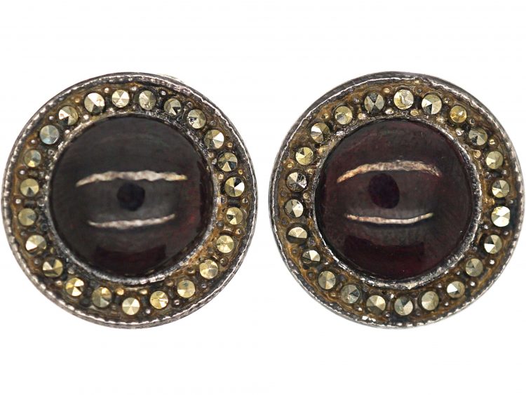 Art Deco Silver, Marcasite & Cabochon Garnet Round Clip On Earrings