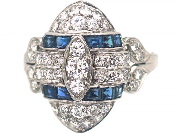 Art Deco Platinum, Diamond & Sapphire Navette Shaped Ring