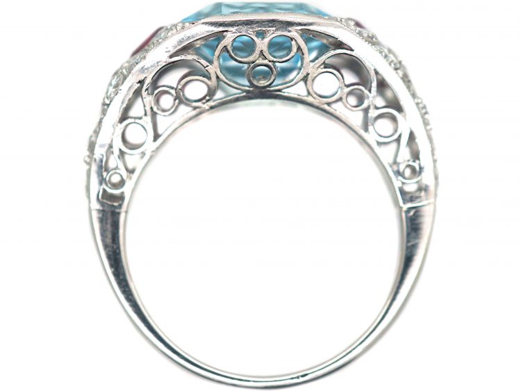 French Art Deco Platinum, Diamond, Aquamarine & Ruby Ring