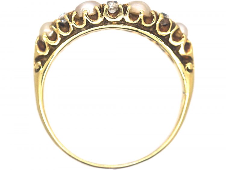 Victorian 18ct Gold Boat Shaped Ring set with Diamonds & Natural Split Pearls