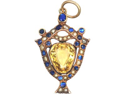 Georgian 9ct Gold Urn Pendant set with a Citrine, Natural Spilt Pearls & Vauxhall Glass
