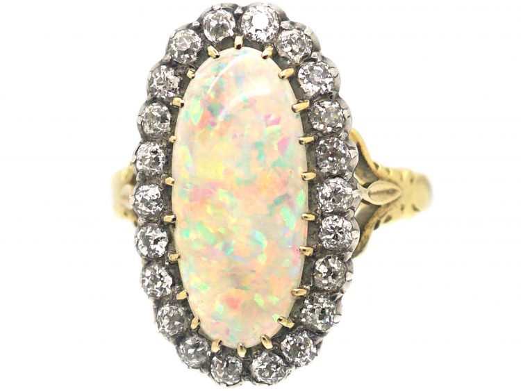 Edwardian 18ct Gold Large Opal & Diamond Oval Cluster Ring