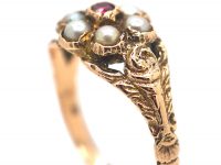 9ct Gold Cluster Ring set with a Ruby & Natural Split Pearls