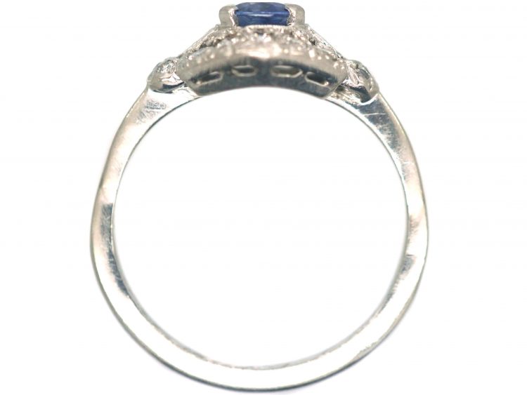 Art Deco Platinum, Sapphire & Diamond Cluster Ring with Ornate Shoulders