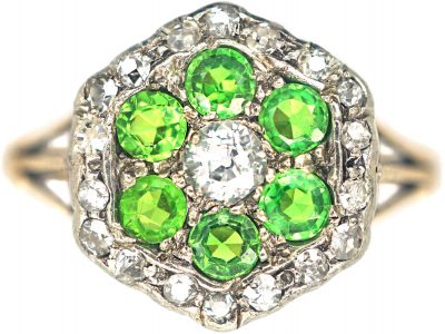 Edwardian 18ct Gold, Green Garnet & Diamond Cluster Ring