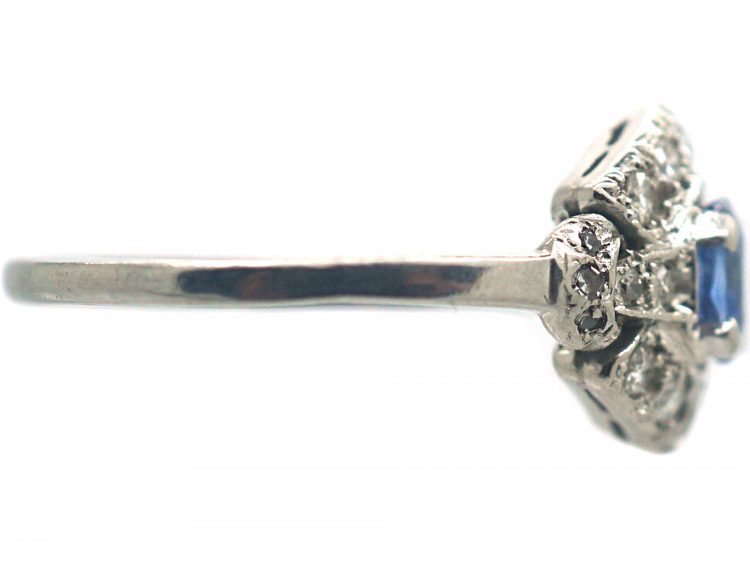 Art Deco Platinum, Sapphire & Diamond Cluster Ring with Ornate Shoulders