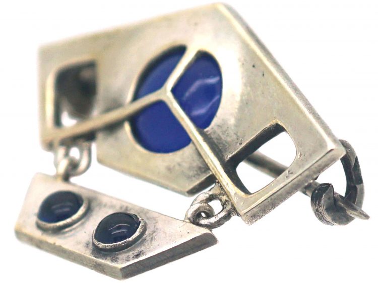 Art Nouveau Silver & Blue Chalcedony Brooch
