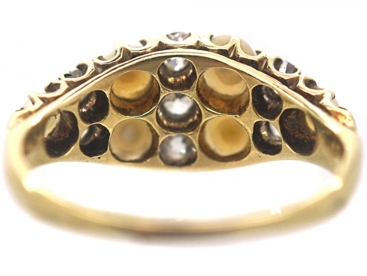 Victorian 18ct Gold Boat Shaped Ring set with Diamonds & Natural Split Pearls