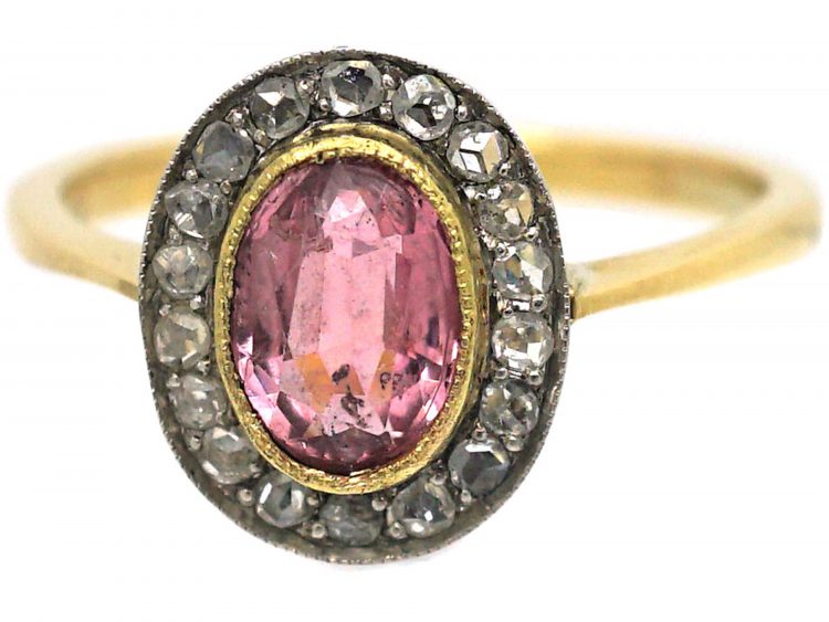 Edwardian 18ct Gold, Pink Tourmaline & Rose Diamond Oval Cluster Ring