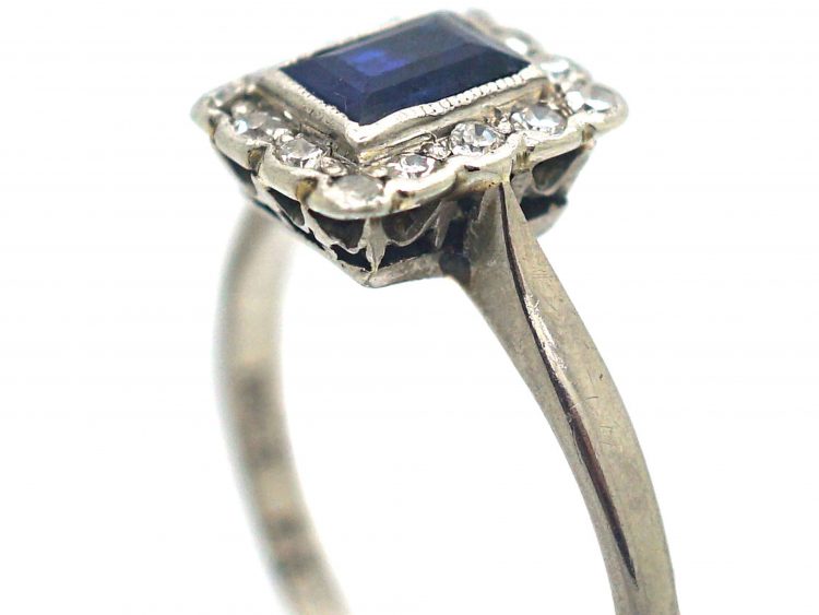 Art Deco 18ct White Gold & Platinum, Sapphire & Diamond Rectangular Ring