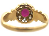 Victorian 18ct Gold Ruby & Diamond Cluster Ring with Ornate Shoulders