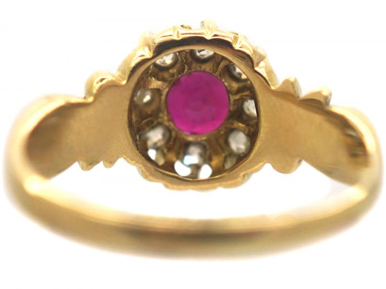 Victorian 18ct Gold Ruby & Diamond Cluster Ring with Ornate Shoulders