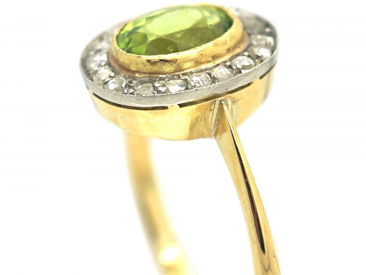 Edwardian 18ct Gold, Rose Diamond & Peridot Oval Cluster Ring