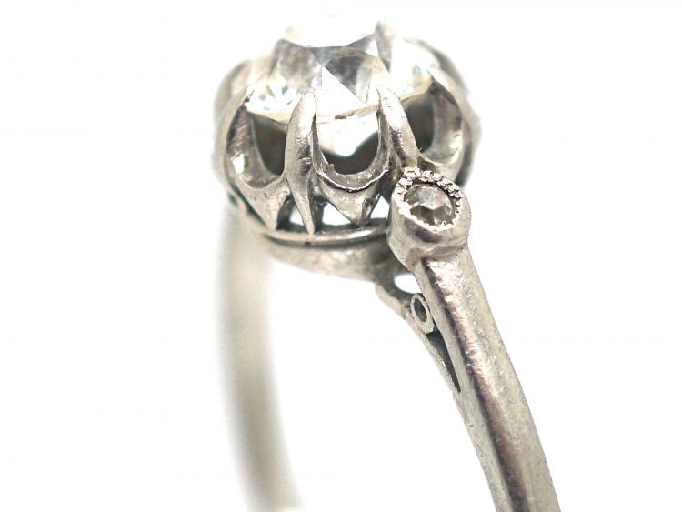 French Art Deco, Platinum & Diamond Solitaire Ring with Diamond Set Shoulders