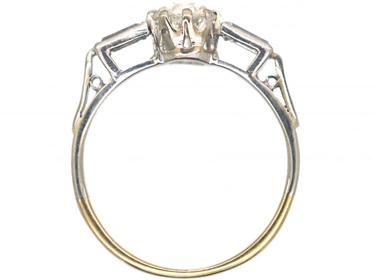 Art Deco 18ct Gold & Platinum, Diamond Solitaire Ring with Baguette Diamond Shoulders