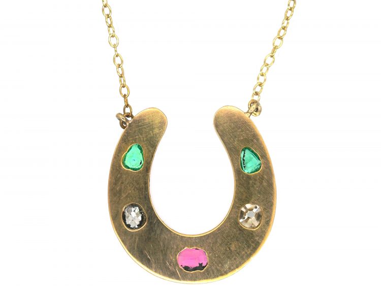 Victorian 18ct Gold & Gem Set Horseshoe Pendant on Gold Chain