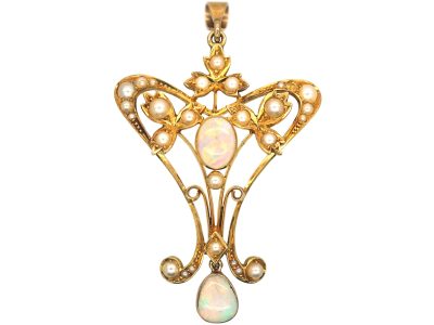 Edwardian 15ct Gold Opal & Natural Split Pearl Pendant