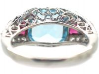 French Art Deco Platinum, Diamond, Aquamarine & Ruby Ring