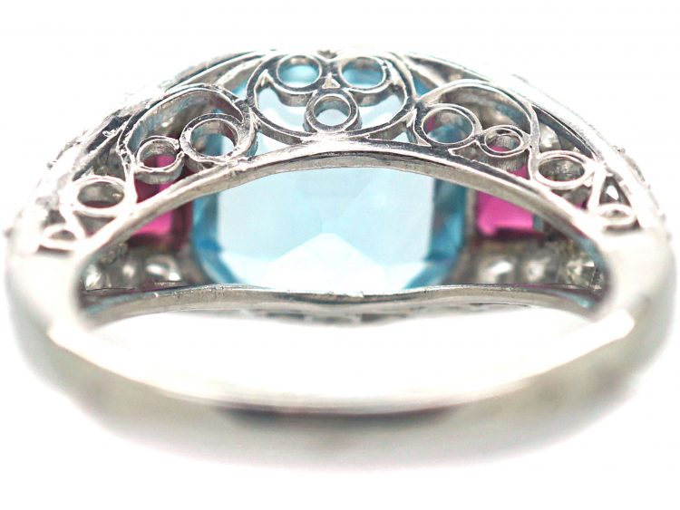French Art Deco Platinum, Diamond, Aquamarine & Ruby Ring