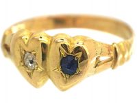 Victorian 18ct Gold Double Heart Ring set with a Sapphire & a Diamond