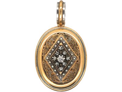 French 18ct Gold & Platinum Oval Shaped Locket set with Natural Split Pearls & Rose Diamonds