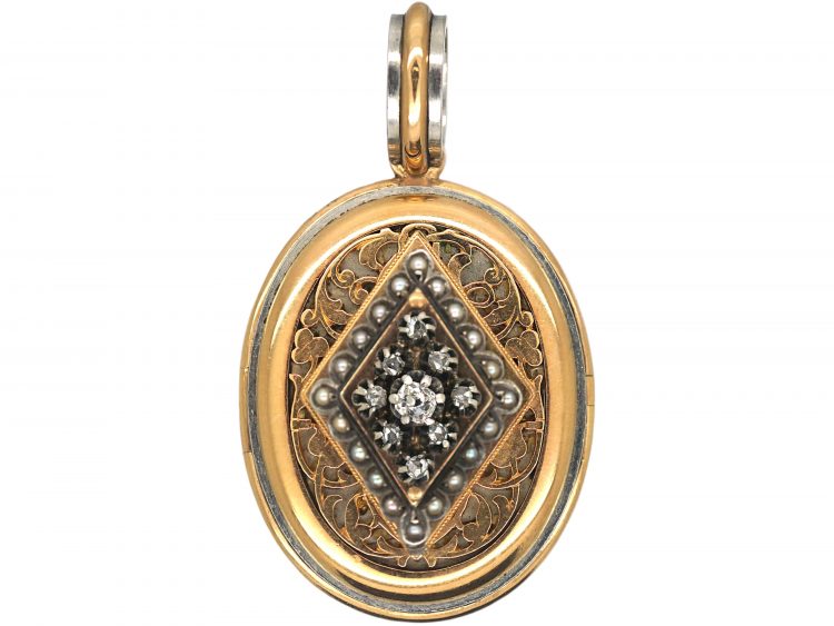 French 18ct Gold & Platinum Oval Shaped Locket set with Natural Split Pearls & Rose Diamonds