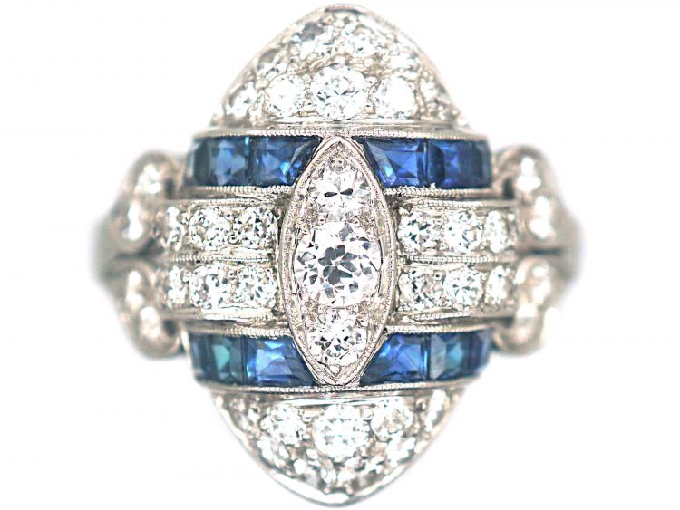 Art Deco Platinum, Diamond & Sapphire Navette Shaped Ring