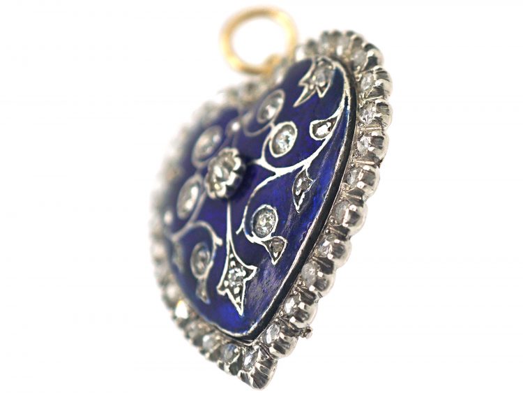 Edwardian 18ct White & Yellow Gold Royal Blue Enamel & Diamond Heart Shaped Pendant