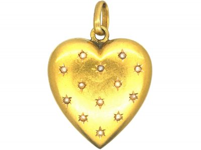 French Belle Epoque 18ct Gold Heart Pendant set with Natural Split Pearls