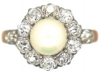 French Belle Epoque 18ct Gold & Platinum Cluster Ring set with a Natural Pearl & Diamonds